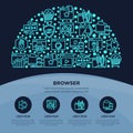 Browser concept in half circle with thin line neon icons: add-ons, extension, customize browser, sync between devices, bookmark,