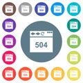 Browser 504 Gateway Timeout flat white icons on round color backgrounds