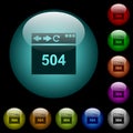 Browser 504 Gateway Timeout icons in color illuminated glass buttons