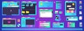 Browser neon screens. Retro window black interface, vintage computer internet frame dialogue file folder desktop