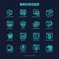 Browser neon thin line icons set: add-ons, extension, customize browser, sync between devices, bookmark, private, ad blocking,