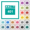 Browser 401 Unauthorized flat color icons with quadrant frames