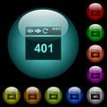 Browser 401 Unauthorized icons in color illuminated glass buttons