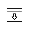 Browser window with downward arrow. Downloading online contend from web page. Pixel perfect, editable vector icon