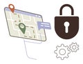 Digital Map with Location Pins, Lock Symbol, and Gears Representing Navigation and Privacy Royalty Free Stock Photo