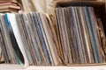 Browsing through vinyl records collection. Music background. Copy space. Royalty Free Stock Photo