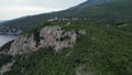 Brsec church on top of the cliff Croatia fly away aerial shot