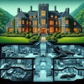 Bruce Wayne manor and below an x-ray vision of the Batman Batcave.