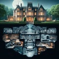 Bruce Wayne manor and below an x-ray vision of the Batman Batcave.