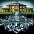 Bruce Wayne manor and below an x-ray vision of the Batman Batcave.