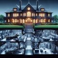 Bruce Wayne manor and below an x-ray vision of the Batman Batcave.