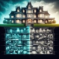 Bruce Wayne manor and below an x-ray vision of the Batman Batcave.