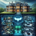 Bruce Wayne manor and below an x-ray vision of the Batman Batcave.