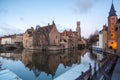 Bruges, Belgium iconic medieval houses, towers and Rozenhoedkaai canal. Classic postcard view of the historic city center. Often r