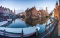 Bruges, Belgium iconic medieval houses, towers and Rozenhoedkaai canal. Classic postcard view of the historic city center. Often r