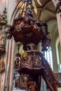 BRUGES, BELGIUM - JUNE 10, 2014: Wooden pulpit in Church of Our Lady in Bruges