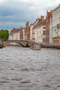 BRUGES, BELGIUM - JUNE 8, 2017: Group of tourists at an excursion on canal of the city Royalty Free Stock Photo