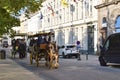 Horse drawn carriage touring visitors around Belgium\'s cobbled streets Royalty Free Stock Photo
