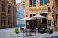 Bruges, Belgium-June 10, 2016: A nice restaurant brick corner building located in the old town of Bruges