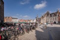 BRUGES, BELGIUM - MARCH 23,  2015. Many bicycles parked on Grote Markt Market Square of Bruges, Brugge, meeting place of the Royalty Free Stock Photo