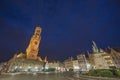 Bruges Belgium, night at Grote Markt Market Square with Belfry Tower Royalty Free Stock Photo