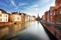 Bruges, Belgium - Scenic cityscape with canal Spiegelrei and Jan