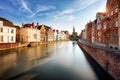 Bruges, Belgium - Scenic cityscape with canal Spiegelrei and Jan Van Eyck Square Royalty Free Stock Photo