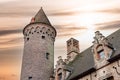 Bruges, Belgium sunset view of the medieval buildings that are crossed by the canals of the city. historical. Royalty Free Stock Photo