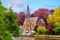 Bruges, Belgium. Minnewater lake with castle Royalty Free Stock Photo