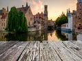 Bruges Brugge cityscape with water canal at sunset