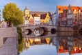 Bruges canal and bridge at sunset, Belgium