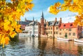 Bruges canals and medieval architecture in autumn, Belgium Royalty Free Stock Photo