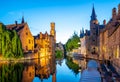 Bruges city skyline with canal at night in Belgium Royalty Free Stock Photo