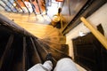 Bruges, flanders, Belgium. August 2019. Interior of the historic de garre brewery. A steep staircase leads to the upper floor, Royalty Free Stock Photo