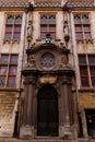 Bruges, Flanders, Belgium, Europe - October 1, 2019. Details of facades medieval old brick houses on the ancient streets in