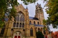 Bruges, Flanders, Belgium, Europe - October 1, 2019. Saint Salvator Cathedral made of old bricks on ancient medieval street in Royalty Free Stock Photo