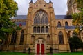 Bruges, Flanders, Belgium, Europe - October 1, 2019. Saint Salvator Cathedral made of old bricks on ancient medieval street in Royalty Free Stock Photo