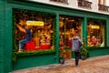 Bruges, Flanders, Belgium, Europe - October 1, 2019. Unknown person decorates shop window for Christmas in Bruges Brugge