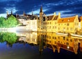 Bruges - Night historic medieval buildings along a canal, Belgi Royalty Free Stock Photo