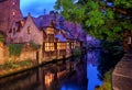 Bruges Old Town, Belgium. Traditional medieval houses at night Royalty Free Stock Photo