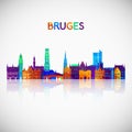 Bruges skyline silhouette in colorful geometric style.