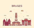 Bruges skyline, West Flanders, Belgium vector line