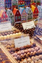 Bruges, West Flanders, Belgium, October 19, 2018: Showcase of confectioner`s shop with belgian chocolate
