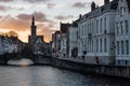 Bruges, West Flemish Region, Belgium - The Spiegelrei , the Royalbridge and the Poortersloge tower