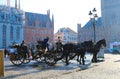 View on market square grote markt with old horse carriage for sighseeing, blurred medieval buildings background, morning twiligh
