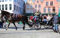 View on old horse carriage on market square with colorful medieval buildings background on sunny autumn day Royalty Free Stock Photo