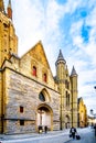 A view of the side of the Onze Lieve Vrouwekerk Church of Our Lady from the Mariastraat in the center of Bruges, Belgium