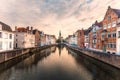 Brugge cityscape. Bruges skyline. Historic street and water channel