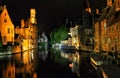 Brugge night view with a canal and old building, Belgium