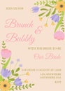 Brunch and bubbly. Bridal shower invitation with colorful flowers frame on pink background.